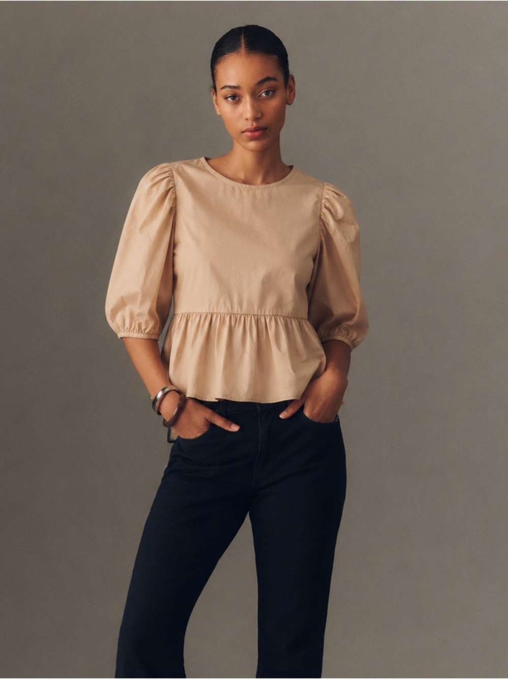 Aritzia Puff-Sleeve Peplum Top in Beige